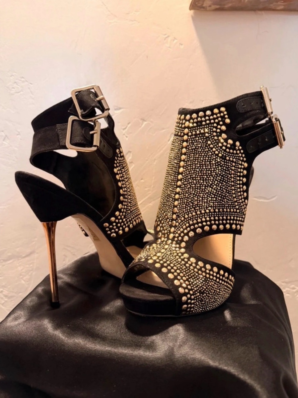 Kurt Geiger Black Suede Studded Peep-Toe High Heels with Gold Stiletto